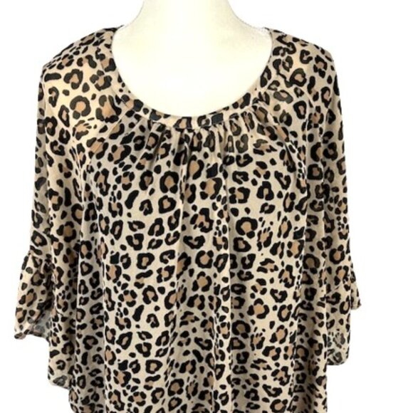 AVA & VIV Leopard Print 4X Boho Chiffon Blouse Chic Plus Size Top Lined Keyhole - Picture 1 of 10